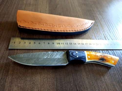 Handmade DAMASCUS Steel Hunting Knife, BURNT Camel Bone & Wooden Handle scales.