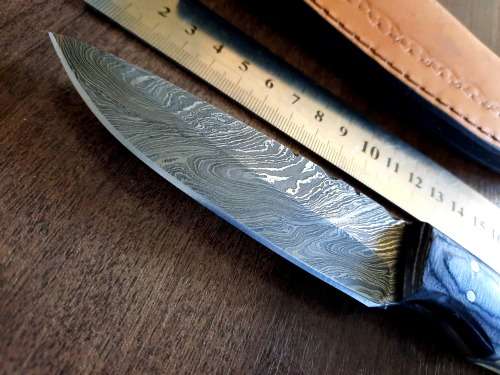 Handmade DAMASCUS Steel Hunting Knife, BURNT Camel Bone & Wooden Handle scales.