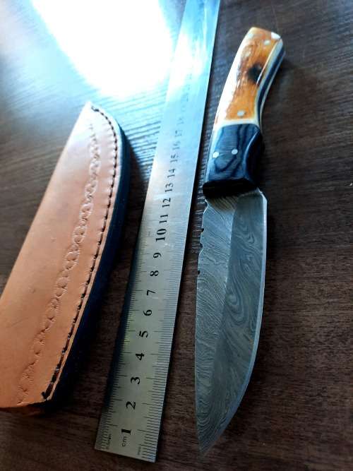 Handmade DAMASCUS Steel Hunting Knife, BURNT Camel Bone & Wooden Handle scales.