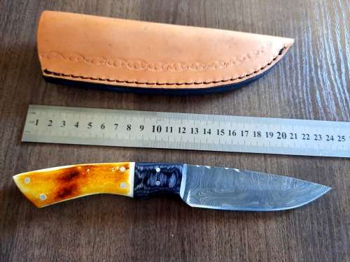 Handmade DAMASCUS Steel Hunting Knife, BURNT Camel Bone & Wooden Handle scales.