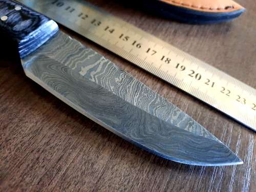 Handmade DAMASCUS Steel Hunting Knife, BURNT Camel Bone & Wooden Handle scales.