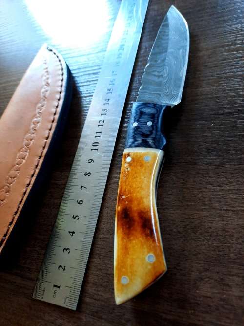 Handmade DAMASCUS Steel Hunting Knife, BURNT Camel Bone & Wooden Handle scales.