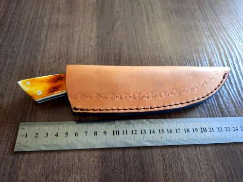 Handmade DAMASCUS Steel Hunting Knife, BURNT Camel Bone & Wooden Handle scales.