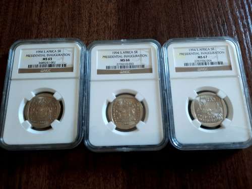 Mandela Presidential Inauguration R5 NGC graded, 3 Piece set, MS65-MS67. One bid for ALL !!!