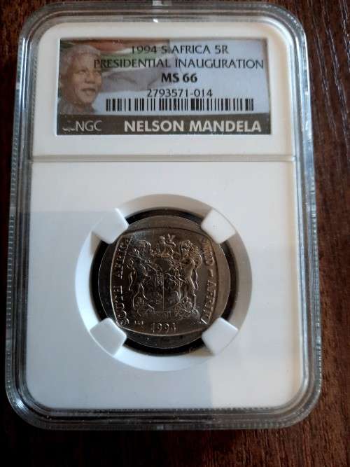 Mandela Presidential Inauguration R5 Graded by NGC,  MS66, NEW LABEL. 1 Available !!