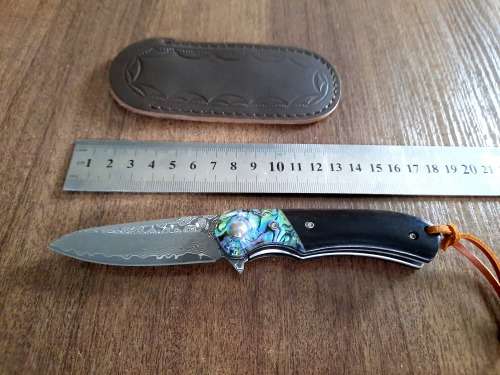 Damascus VG-10 Stainless Steel folding knife, RAZOR Sharp, EBONY WOOD & Shell handle.