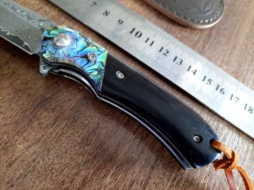 Damascus VG-10 Stainless Steel folding knife, RAZOR Sharp, EBONY WOOD & Shell handle.