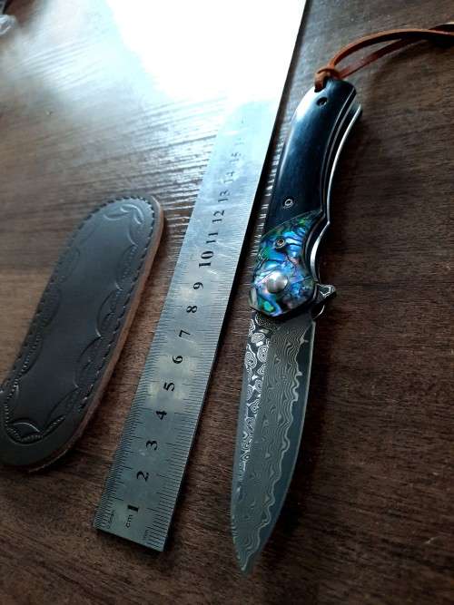Damascus VG-10 Stainless Steel folding knife, RAZOR Sharp, EBONY WOOD & Shell handle.