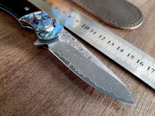 Damascus VG-10 Stainless Steel folding knife, RAZOR Sharp, EBONY WOOD & Shell handle.