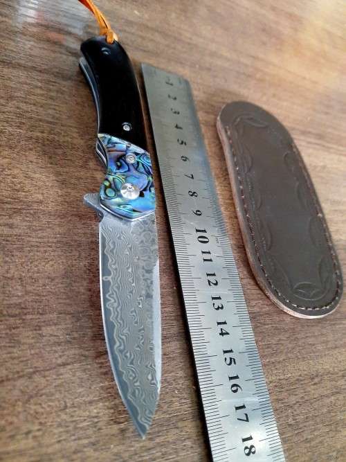 Damascus VG-10 Stainless Steel folding knife, RAZOR Sharp, EBONY WOOD & Shell handle.