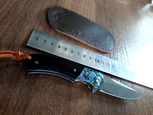 Damascus VG-10 Stainless Steel folding knife, RAZOR Sharp, EBONY WOOD & Shell handle.