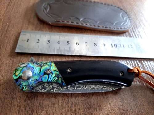 Damascus VG-10 Stainless Steel folding knife, RAZOR Sharp, EBONY WOOD & Shell handle.