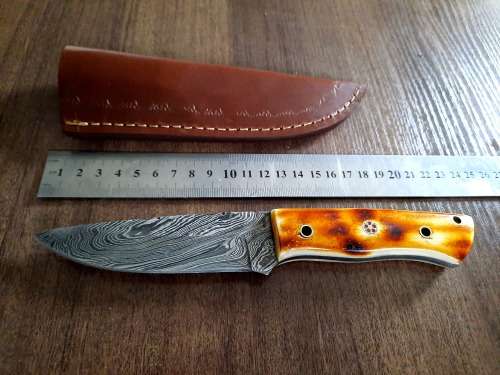 Handmade DAMASCUS Steel Hunting Knife, BURNT Camel Bone Handle scales.
