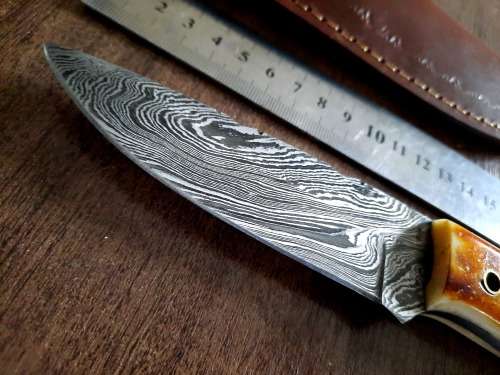 Handmade DAMASCUS Steel Hunting Knife, BURNT Camel Bone Handle scales.