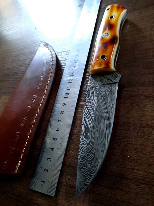 Handmade DAMASCUS Steel Hunting Knife, BURNT Camel Bone Handle scales.