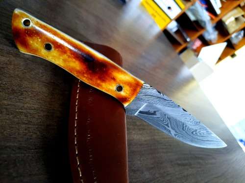 Handmade DAMASCUS Steel Hunting Knife, BURNT Camel Bone Handle scales.