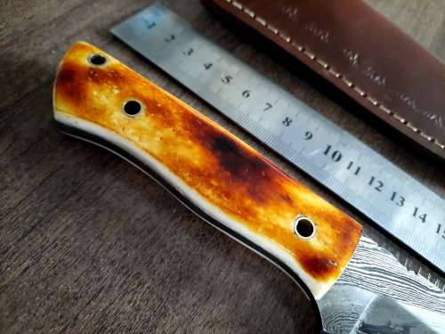Handmade DAMASCUS Steel Hunting Knife, BURNT Camel Bone Handle scales.