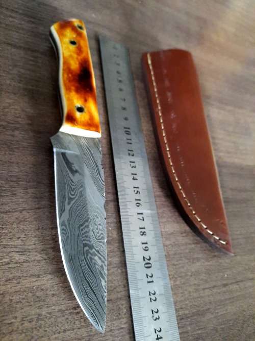 Handmade DAMASCUS Steel Hunting Knife, BURNT Camel Bone Handle scales.