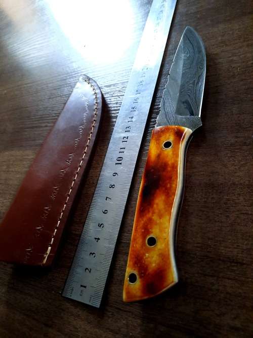 Handmade DAMASCUS Steel Hunting Knife, BURNT Camel Bone Handle scales.