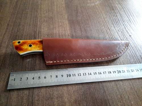 Handmade DAMASCUS Steel Hunting Knife, BURNT Camel Bone Handle scales.
