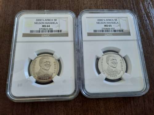 Mandela Smiley 2 piece set, NGC Graded MS64 & MS65 (Second Finest) One bid for both graded coins.