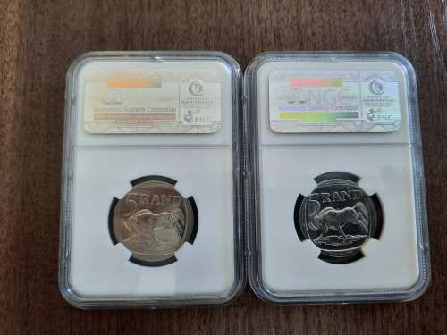 Mandela Smiley 2 piece set, NGC Graded MS64 & MS65 (Second Finest) One bid for both graded coins.