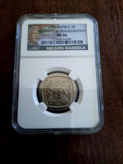 Mandela Presidential Inauguration R5 Graded by NGC,  MS66, BID PER COIN. 1 Available, NEW LABEL.