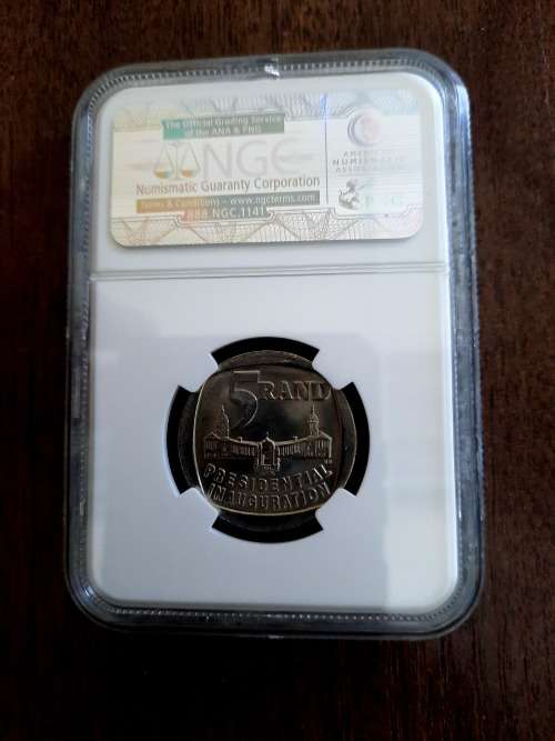Mandela Presidential Inauguration R5 Graded by NGC,  MS66, BID PER COIN. 1 Available, NEW LABEL.