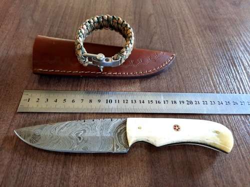 Handmade Damascus steel HUNTING  knife with Camel Bone handle scales. Free Survival Bracelet !!!!
