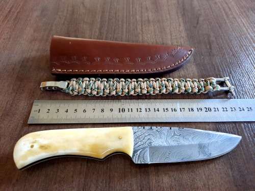 Handmade Damascus steel HUNTING  knife with Camel Bone handle scales. Free Survival Bracelet !!!!