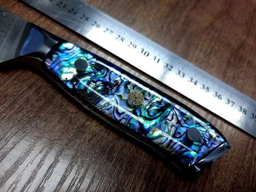 Damascus VG-10 Stainless Steel Japanese Kitchen Knife, Abalone & Super clear Epoxy Resin handle.