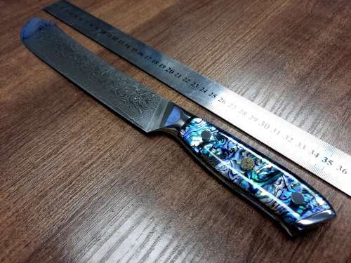 Damascus VG-10 Stainless Steel Japanese Kitchen Knife, Abalone & Super clear Epoxy Resin handle.