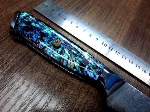 Damascus VG-10 Stainless Steel Japanese Kitchen Knife, Abalone & Super clear Epoxy Resin handle.