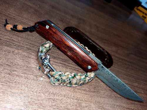 Damascus VG-10 Stainless Steel folding knife, RAZOR Sharp, FREE Bracelet, Quality, Rosewood handle.