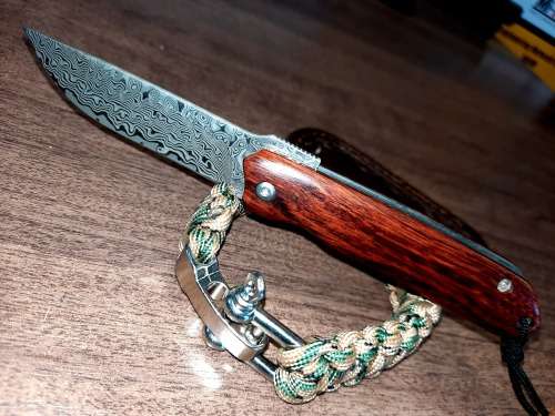 Damascus VG-10 Stainless Steel folding knife, RAZOR Sharp, FREE Bracelet, Quality, Rosewood handle.