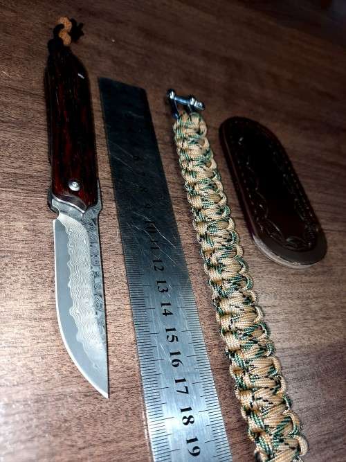 Damascus VG-10 Stainless Steel folding knife, RAZOR Sharp, FREE Bracelet, Quality, Rosewood handle.