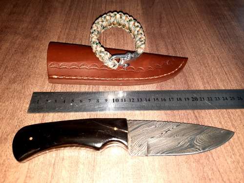 Handmade Damascus steel HUNTING  knife with BULL HORN handle scales. One handle scale repaired !!!!