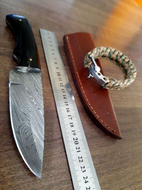 Handmade Damascus steel HUNTING  knife with BULL HORN handle scales. One handle scale repaired !!!!