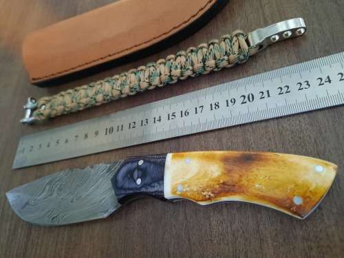 Handmade Damascus steel HUNTING  knife with Wood & Burnt Camel Bone handle scales. FREE BRACELET