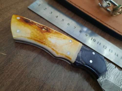 Handmade Damascus steel HUNTING  knife with Wood & Burnt Camel Bone handle scales. FREE BRACELET