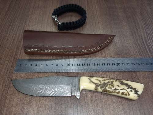Handmade Damascus steel HUNTING  knife with Camel Bone handle scales Wolf engraved, FREE BRACELET