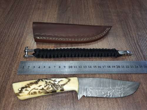 Handmade Damascus steel HUNTING  knife with Camel Bone handle scales Wolf engraved, FREE BRACELET