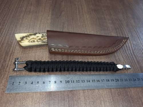 Handmade Damascus steel HUNTING  knife with Camel Bone handle scales Wolf engraved, FREE BRACELET