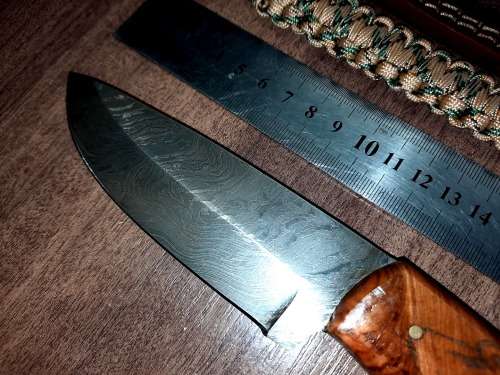 Handmade Damascus steel HUNTING Knife with Wooden handle scales w Bear engraved. Free Bracelet.