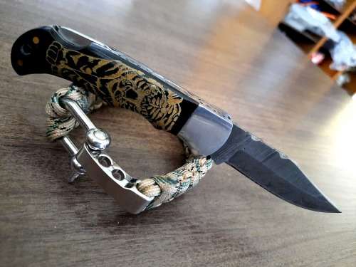 Handmade Damascus steel folding knife with Bull Horn handle scales. FREE SURVIVAL to the winner.