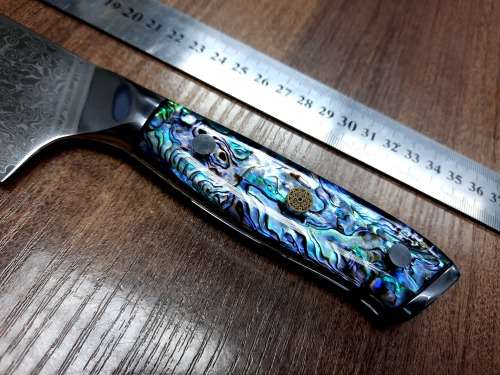 Damascus VG-10 Stainless Steel Japanese Chef's Knife, Abalone & Super clear Epoxy Resin handle.