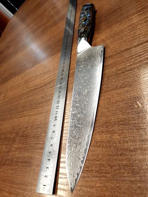 Damascus VG-10 Stainless Steel Japanese Chef's Knife, Abalone & Super clear Epoxy Resin handle.