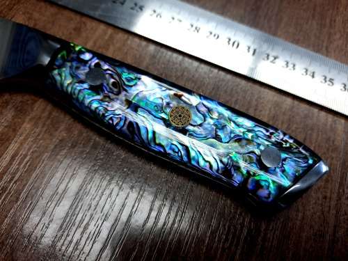 Damascus VG-10 Stainless Steel Japanese Chef's Knife, Abalone & Super clear Epoxy Resin handle.