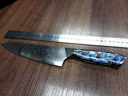 Damascus VG-10 Stainless Steel Japanese Chef's Knife, Abalone & Super clear Epoxy Resin handle.