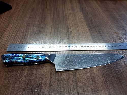 Damascus VG-10 Stainless Steel Japanese Chef's Knife, Abalone & Super clear Epoxy Resin handle.